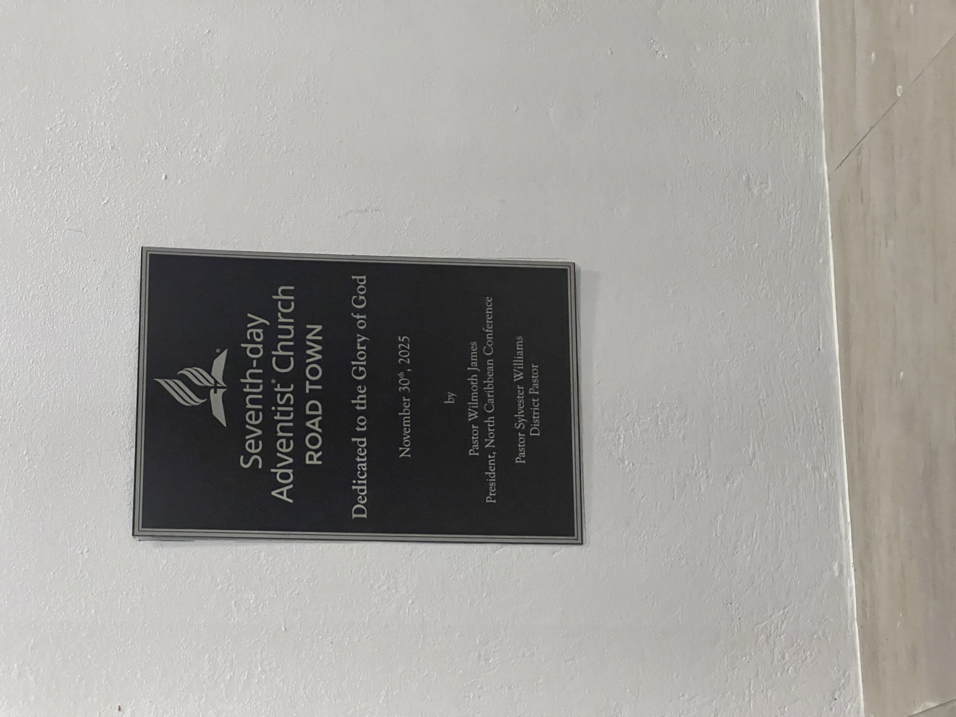 Road Town SDA Church plaque